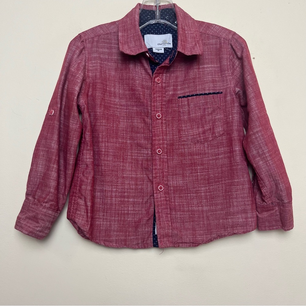Boys 3t Craft And‎ Flow Red maroon Button Down Shirt With Collar Blue lining
